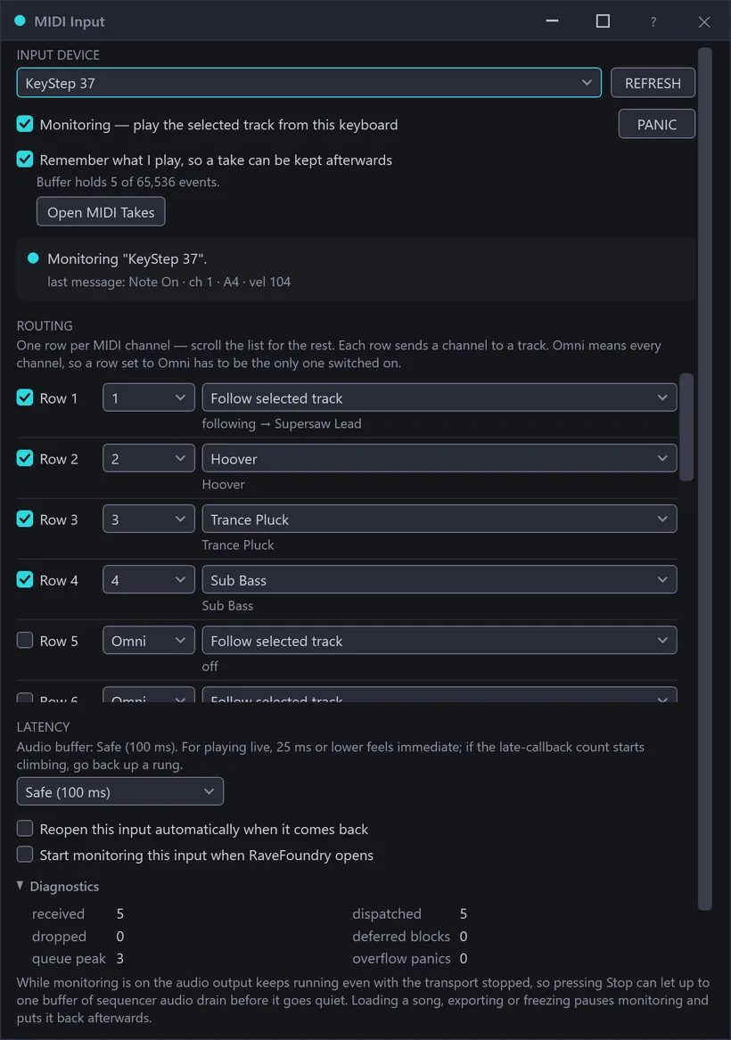 The MIDI Input panel — an input-device picker, a Monitoring toggle, a PANIC button, and a channel-routing list with one row per MIDI channel